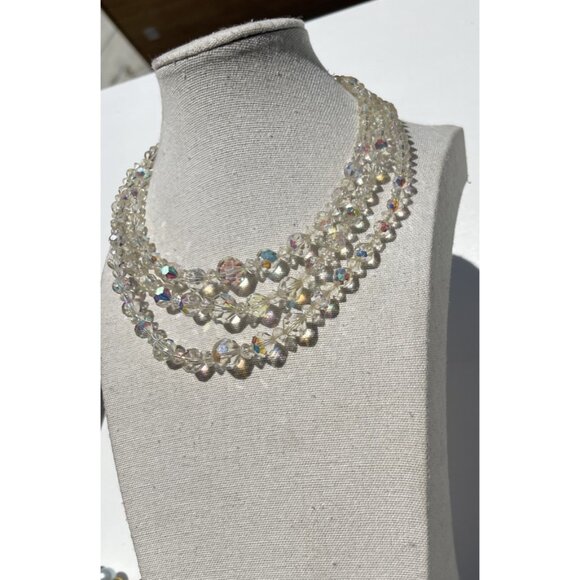 Vintage 3 Strand AB Aurora Borealis Crystal Faceted Beads Style Necklace 15.5” - Picture 4 of 13